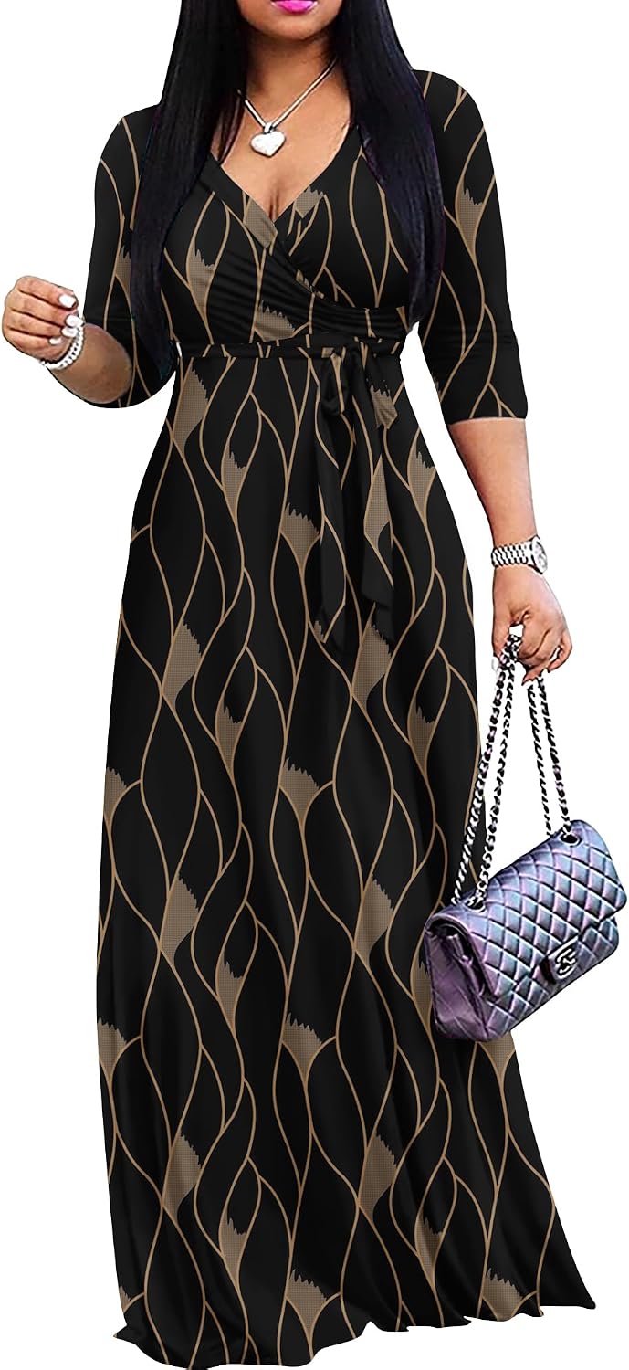 FANDEE Plus Size Maxi Dress for Women - Summer Long Dresses Casual | Women's Curvy Fit Long Dress, Semi\u2011Formal Print Fitted Wrap Dress with Pockets & Belt, 3\/4-Sleeve V-Neck