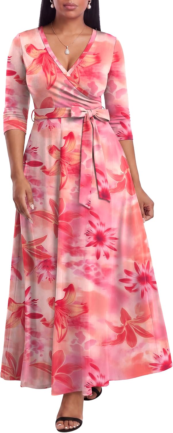 FANDEE Plus Size Maxi Dress for Women - Summer Long Dresses Casual | Women's Curvy Fit Long Dress, Semi\u2011Formal Print Fitted Wrap Dress with Pockets & Belt, 3\/4-Sleeve V-Neck