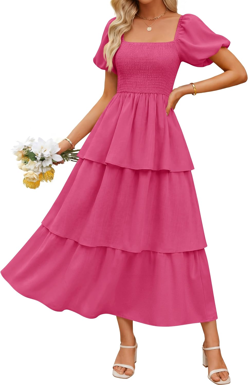 ZESICA Womens Summer Short Puff Sleeve Flowy Tiered Midi Dress | Square Neck, Backless, Swing A Line, High Waist, 2026 Boho Trendy, Dressy Casual Beach Vacation, Wedding Guest Cocktail Party