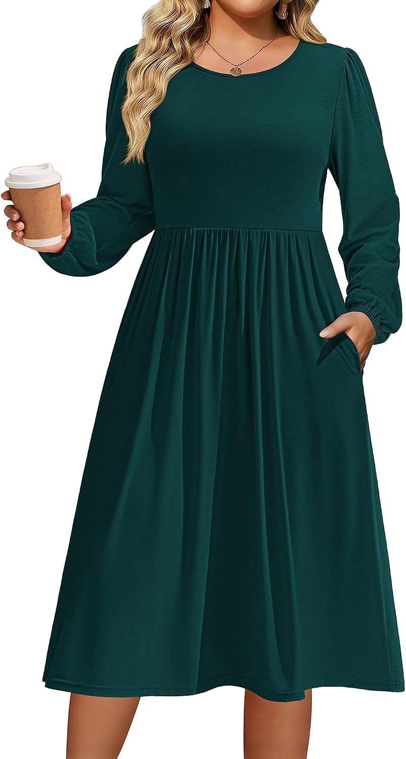 IN'VOLAND Plus Size Fall Dresses Women Long Sleeve Midi Casual Pocket Dress | Breathable Material, Crewneck A-Line Dresses, Loose Fit, Fall Fashion 2026