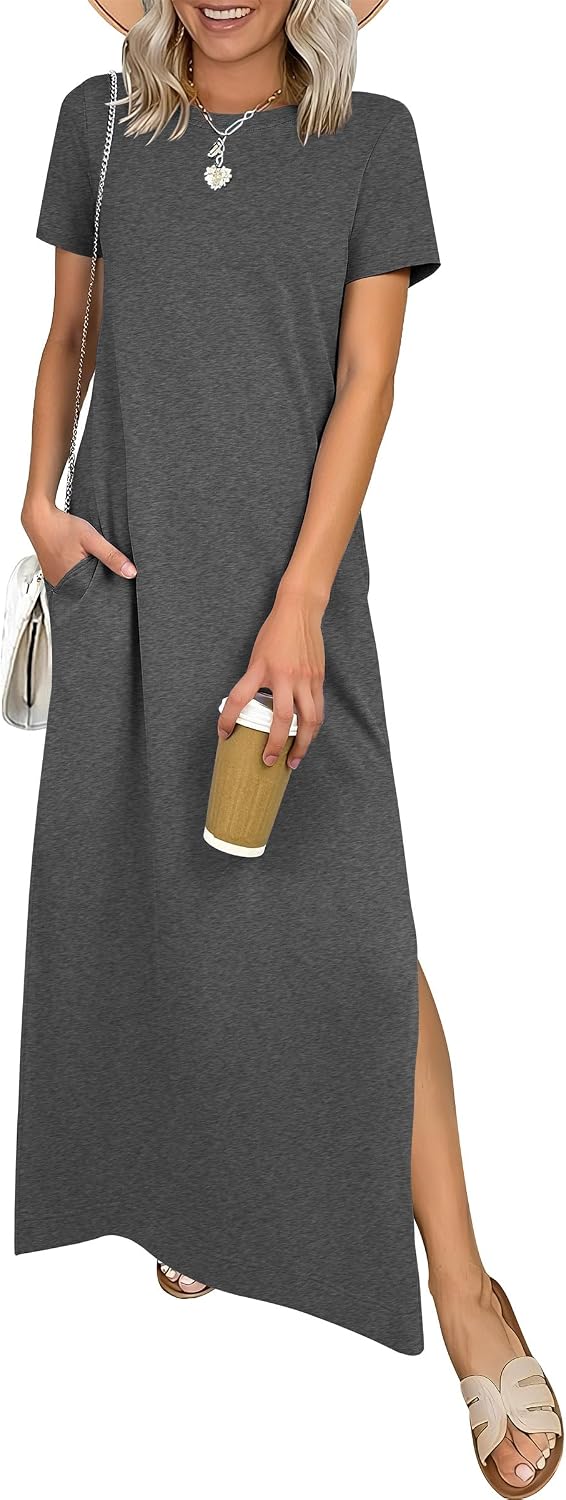ANRABESS Womens Summer Maxi Dresses Wrinkle Free with Pockets | Air Layer Fabric, Short Sleeve Casual Travel Beach Vacation Long Dress, Crewneck Split, Comfort Work All-Day Wear Sundress