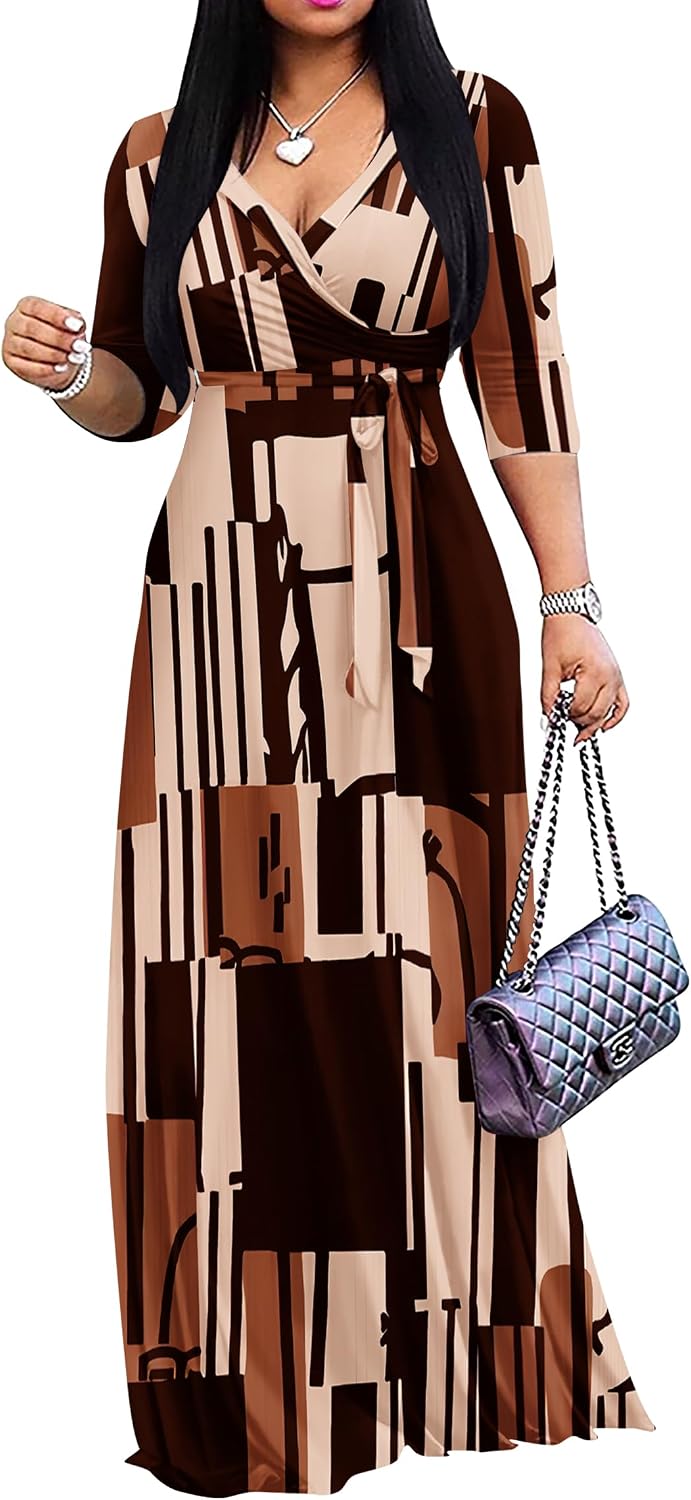 FANDEE Plus Size Maxi Dress for Women - Summer Long Dresses Casual | Women's Curvy Fit Long Dress, Semi\u2011Formal Print Fitted Wrap Dress with Pockets & Belt, 3\/4-Sleeve V-Neck