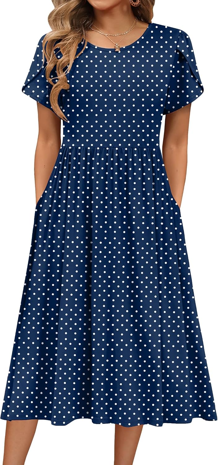 HOTOUCH Women's Summer A-Line Midi Dresses 2026 Casual Floral Short Sleeve T-Shirt Dress Flowy Beach Sundress with Pockets