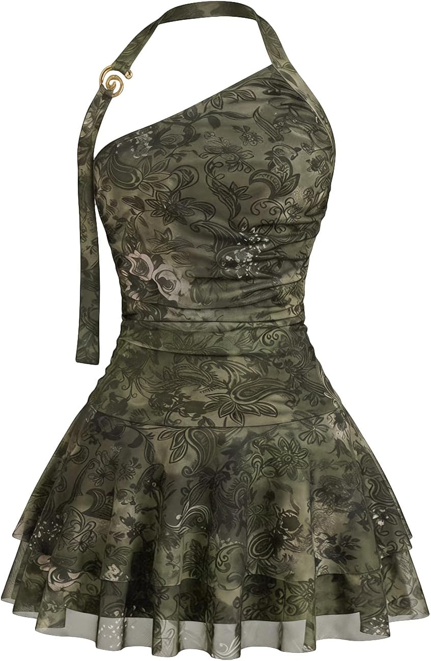 SOLY HUX Women's Hawaiian Halter Mini Dress Beach Birthday Date Outfits | Tropical Floral Print, Backless, Flowy Ruffle Hem, Brunch Picnic Dresses