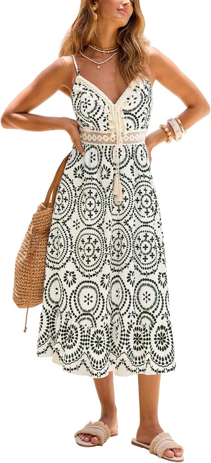 CUPSHE Women Summer Midi Dresses 2026 Boho Sleeveless Sundress | Sleeveless Spaghetti Straps Dress, Tassel, Crochet Lace Waist, Beach Vacation Resort Wear, Daily Casual, Spring, Travel Trip