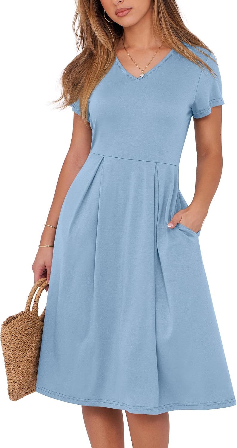 ANRABESS Women Summer Casual Short Sleeve A Line Midi Dresses with Pocket | V Neck Knee Length Pleated Flowy Slim Fit, Casual Business Office Work Teacher Wear, Church Funeral Wedding Guest Outfits