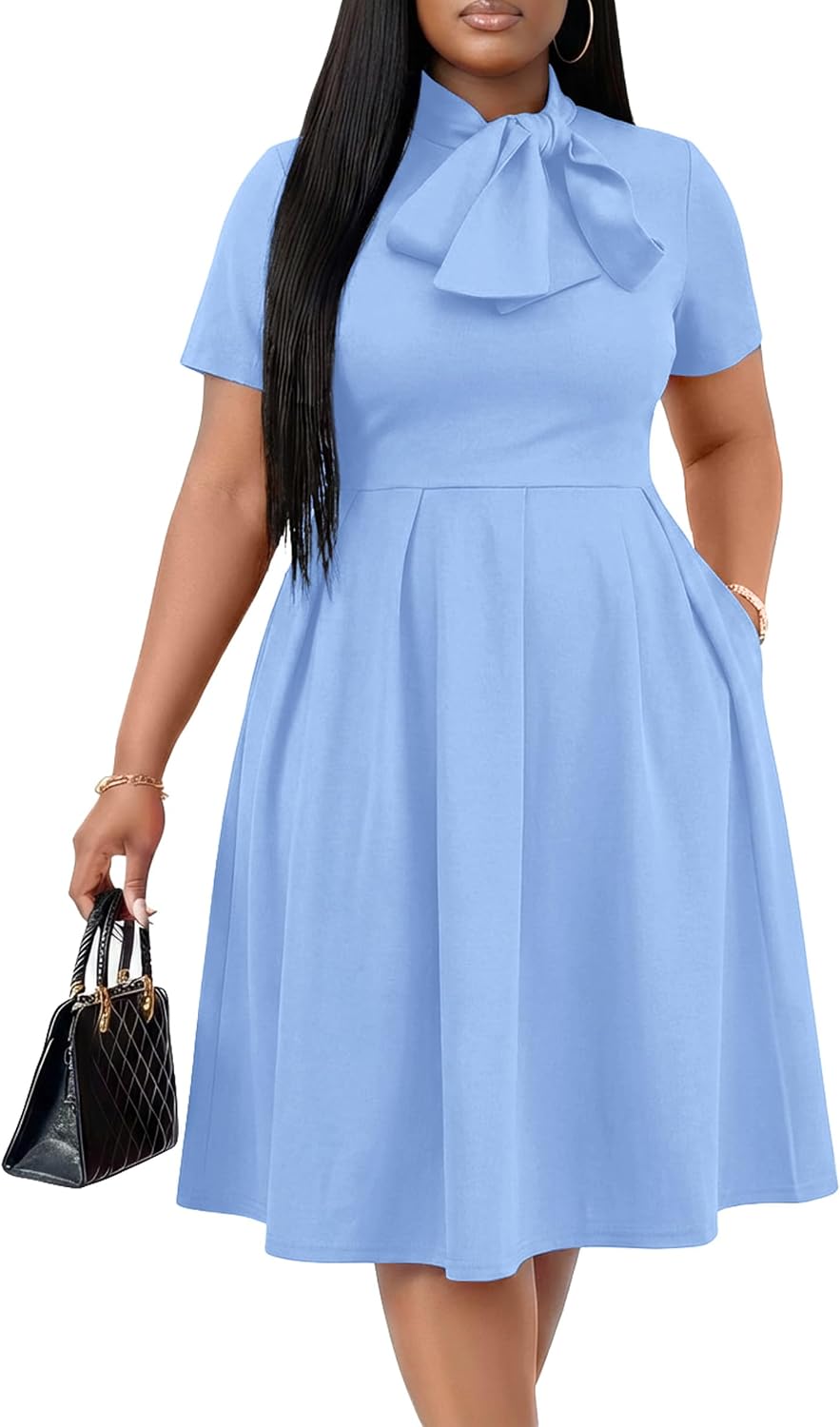 FANDEE Midi Dress for Women Casual Short Sleeve A-line Semi Formal Fit and Flare Dress Classy Tie Neck Work Business Dresses