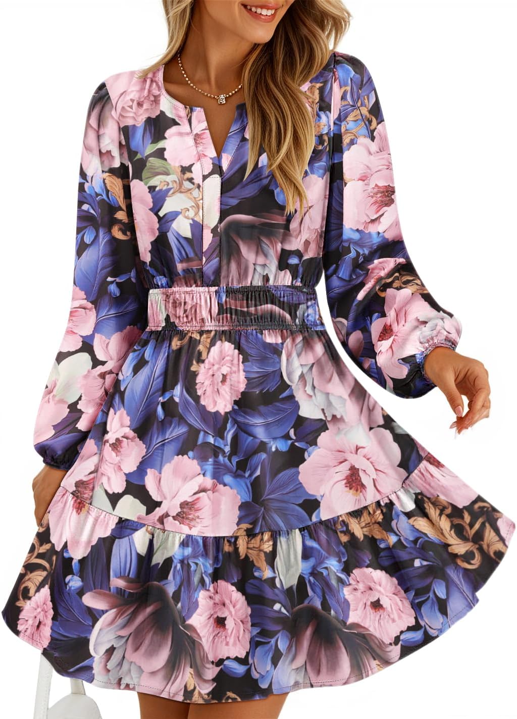 ZESICA Womens Fall Floral Long Sleeve Wedding Guest Mini Dresses | With Pockets, V Neck, A-Line, Ruched Waist, Double Lined, Flowy Short Dress, Going Out Outfits