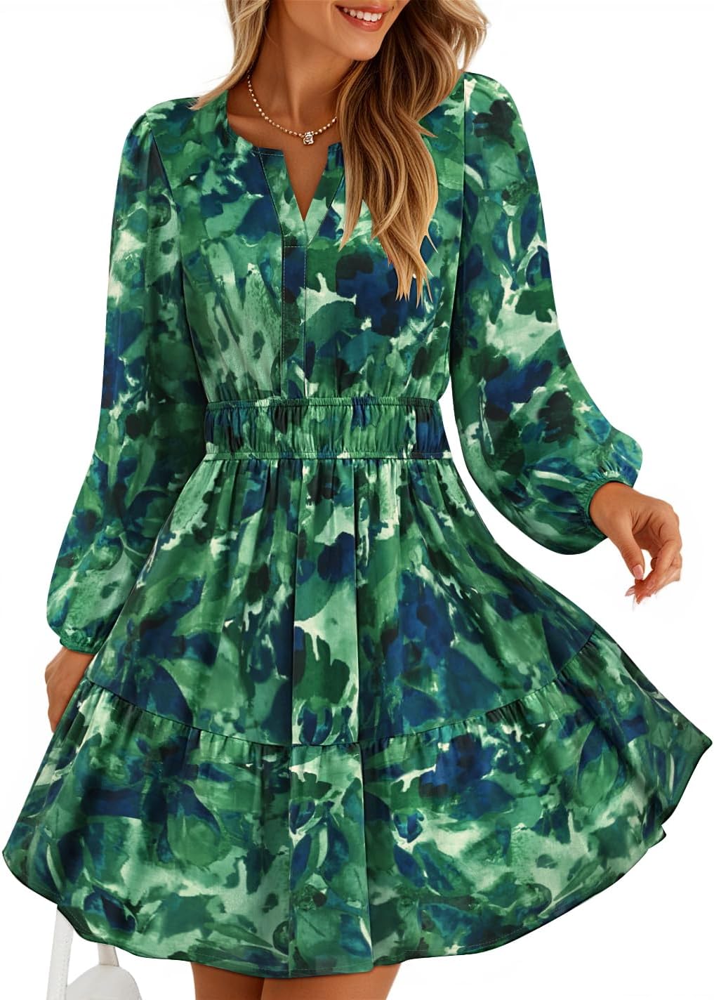 ZESICA Womens Fall Floral Long Sleeve Wedding Guest Mini Dresses | With Pockets, V Neck, A-Line, Ruched Waist, Double Lined, Flowy Short Dress, Going Out Outfits