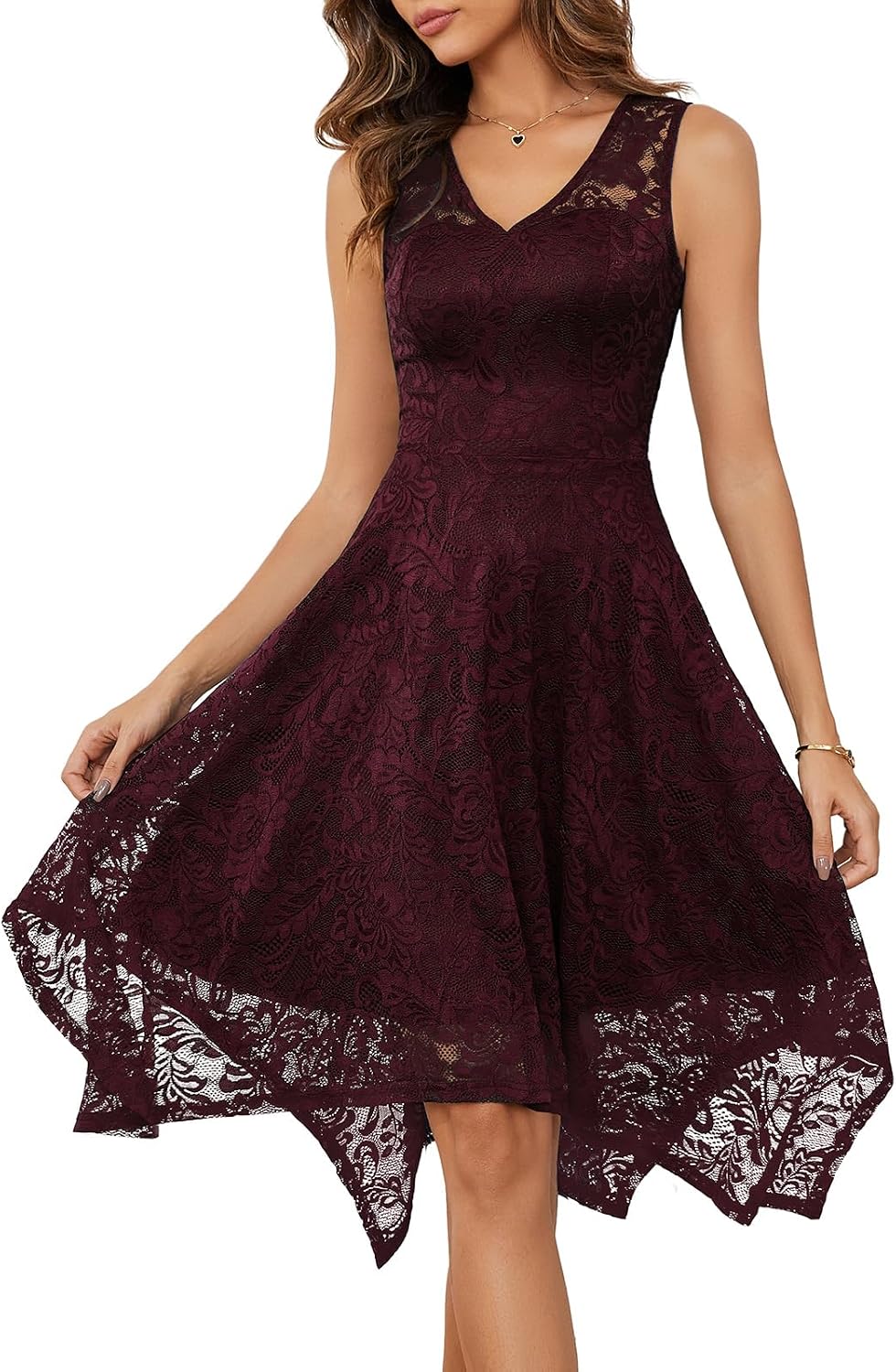 Meetjen Women's Lace Cocktail Party Dresses 2026 Formal Wedding Guest | Handkerchief Hem, V-Neck, Sleeveless, Midi, Fancy, Bridesmaid, Modest, Homecoming Dress