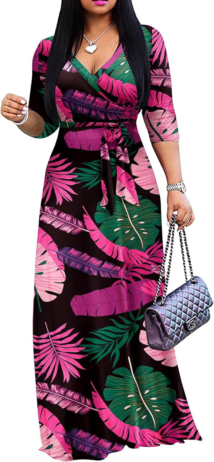 FANDEE Plus Size Maxi Dress for Women - Summer Long Dresses Casual | Women's Curvy Fit Long Dress, Semi\u2011Formal Print Fitted Wrap Dress with Pockets & Belt, 3\/4-Sleeve V-Neck