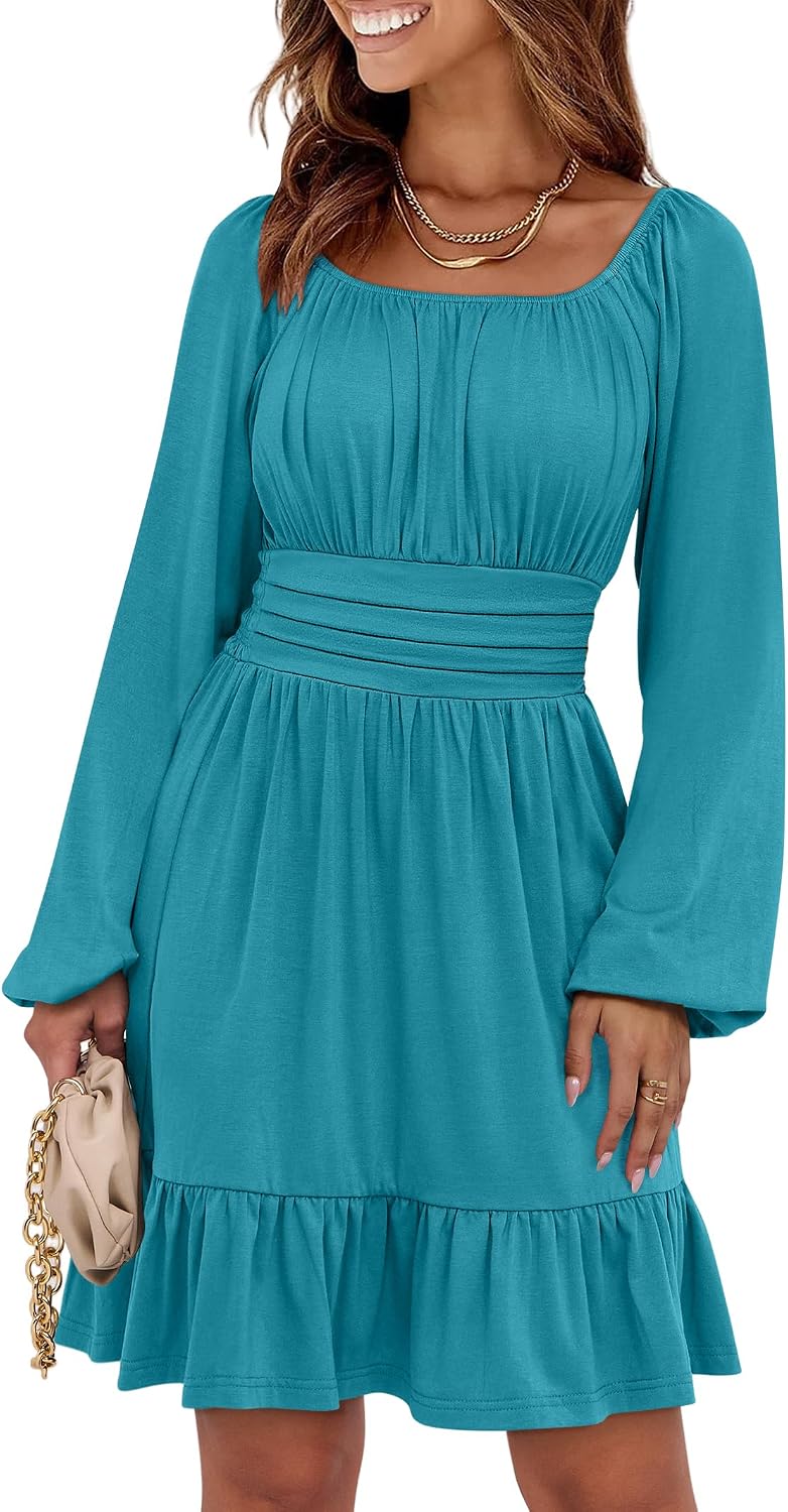 ANRABESS Women Long Lantern Sleeve Square Neck Fall Short Dress | Elastic Waist Belly Hide,Ruffle Flowy A-Line Mini Dress,Backless,Spring Summer Fashion Trendy,Cute Travel & Party Daily Wear