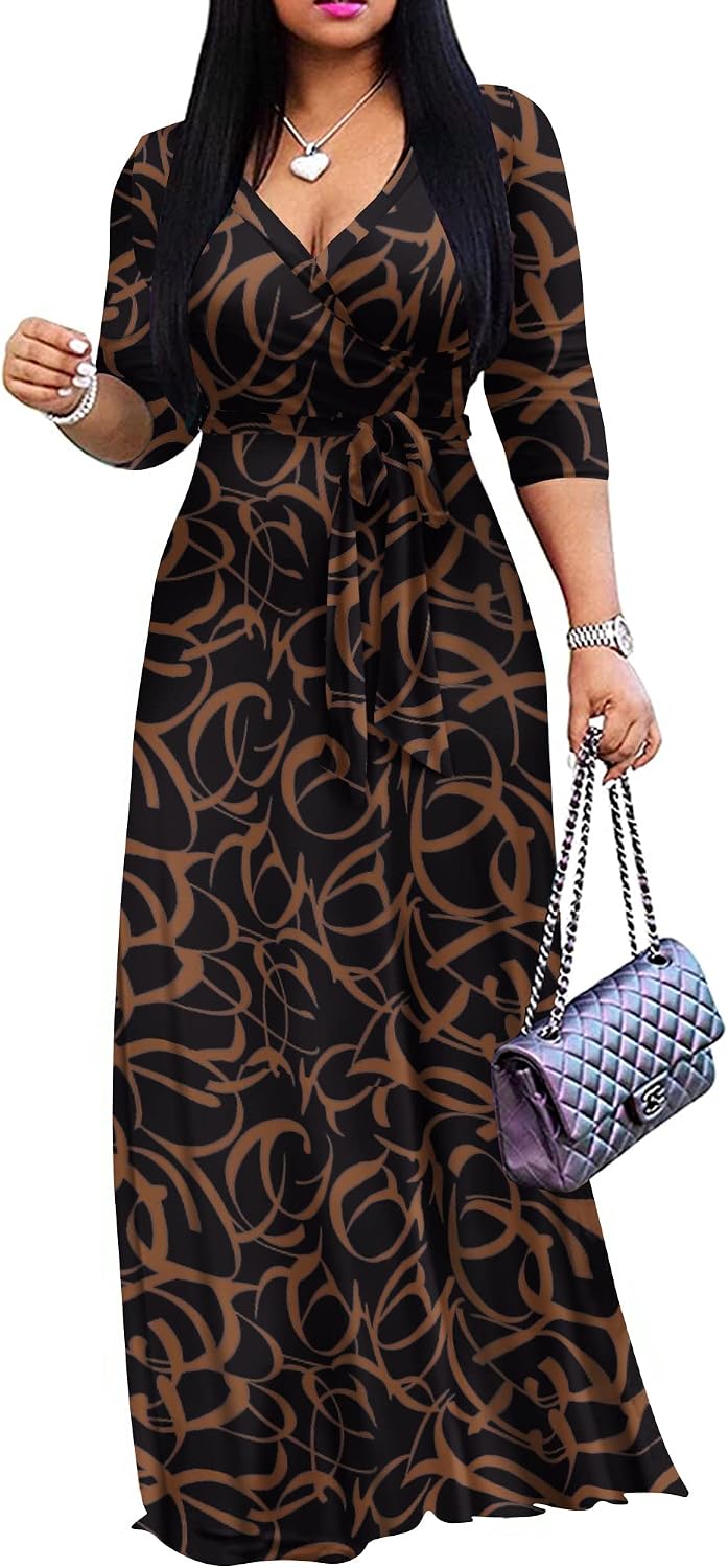 FANDEE Plus Size Maxi Dress for Women - Summer Long Dresses Casual | Women's Curvy Fit Long Dress, Semi\u2011Formal Print Fitted Wrap Dress with Pockets & Belt, 3\/4-Sleeve V-Neck