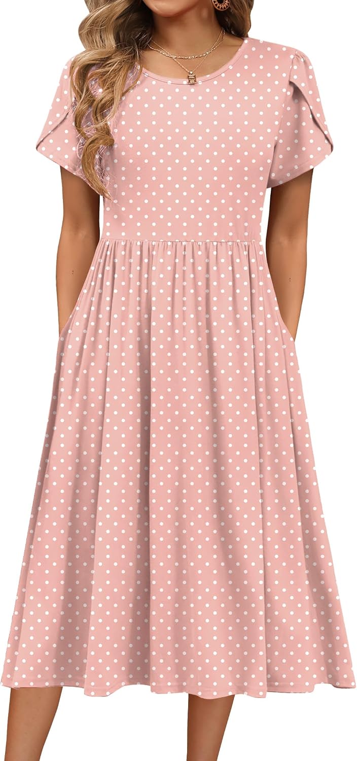 HOTOUCH Women's Summer A-Line Midi Dresses 2026 Casual Floral Short Sleeve T-Shirt Dress Flowy Beach Sundress with Pockets