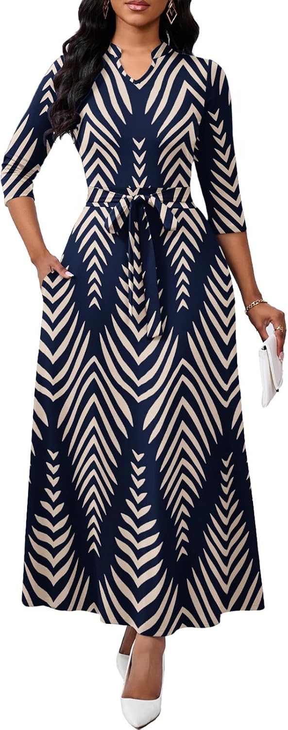 BubFee Maxi Dresses for Women Semi Formal Long Dress 3\/4 Sleeve Casual A-line Church Dresses with Pockets