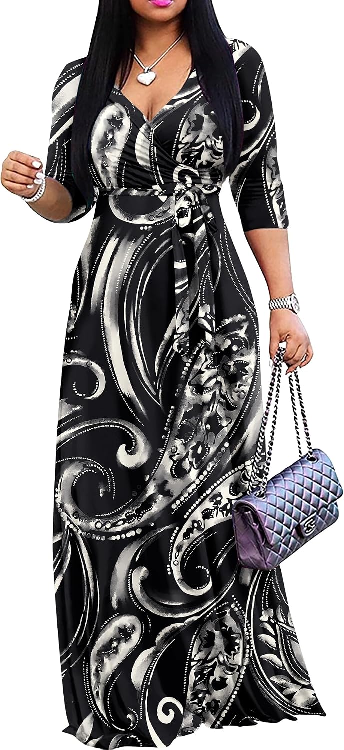 FANDEE Plus Size Maxi Dress for Women - Summer Long Dresses Casual | Women's Curvy Fit Long Dress, Semi\u2011Formal Print Fitted Wrap Dress with Pockets & Belt, 3\/4-Sleeve V-Neck