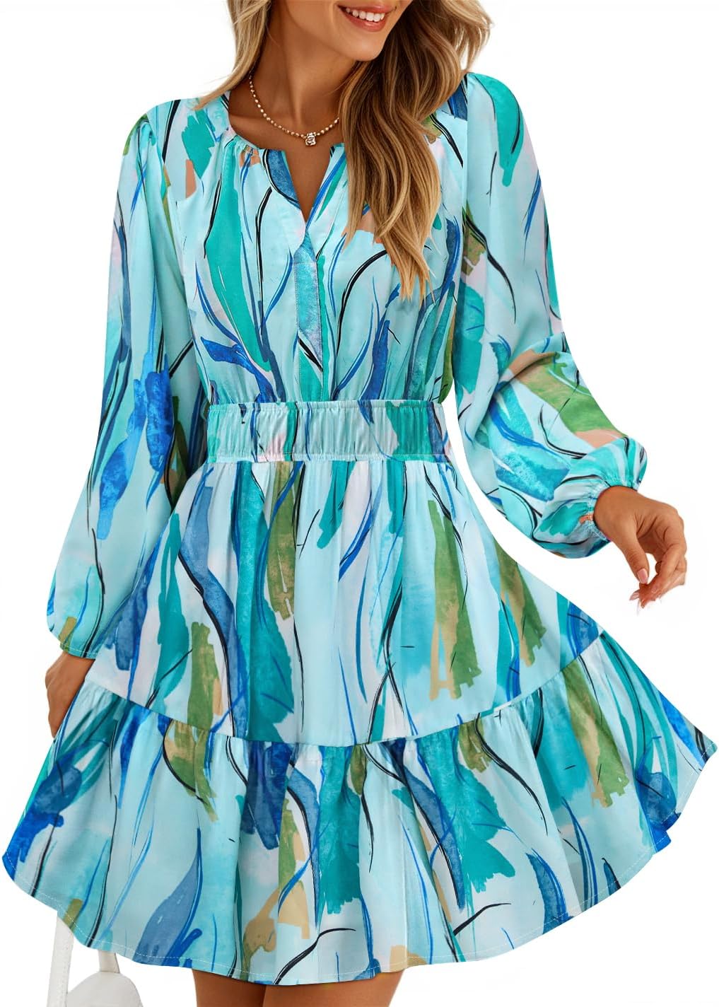 ZESICA Womens Fall Floral Long Sleeve Wedding Guest Mini Dresses | With Pockets, V Neck, A-Line, Ruched Waist, Double Lined, Flowy Short Dress, Going Out Outfits