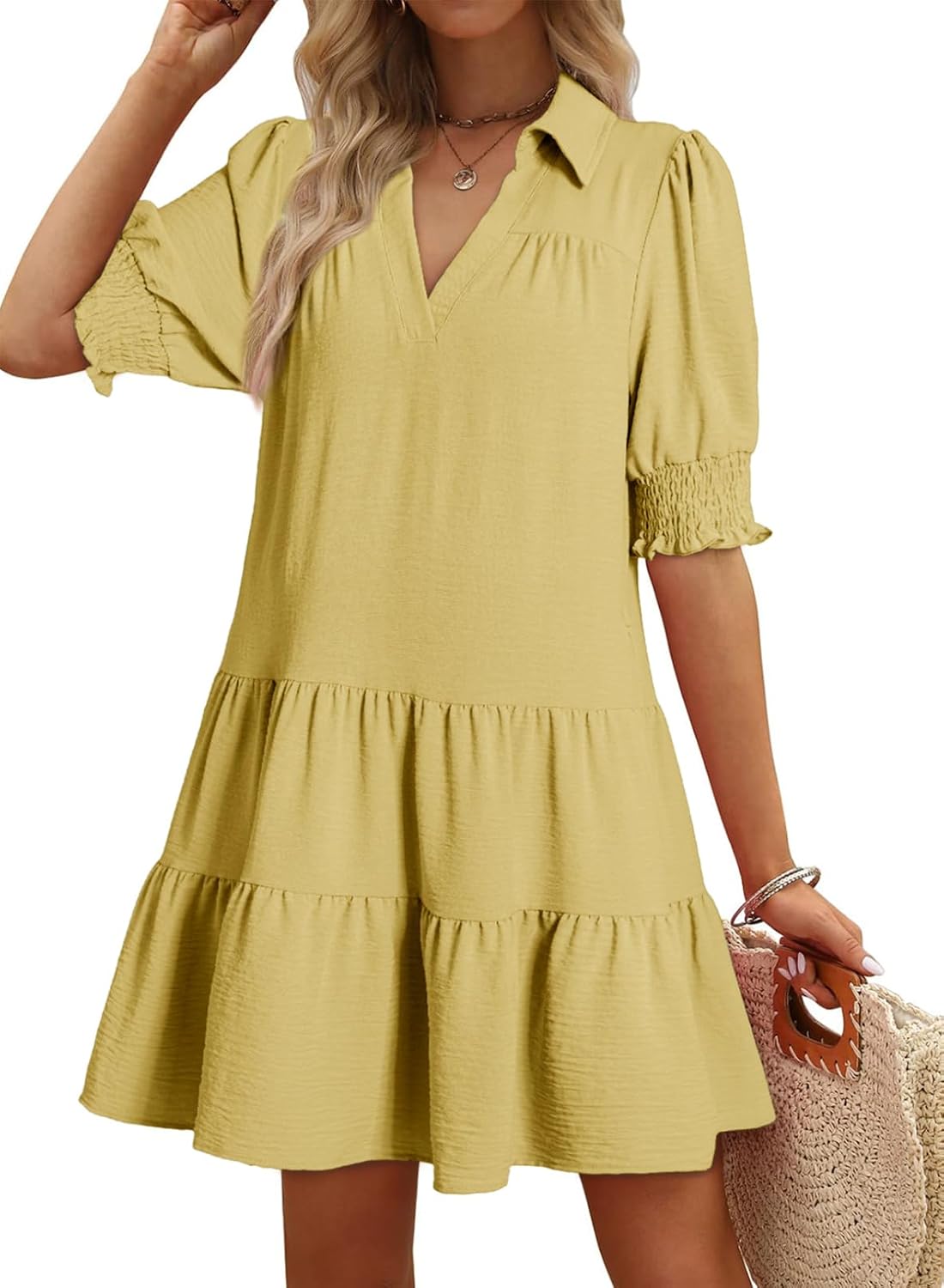 Dokotoo Casual Dresses Lapel Collared Pleated 2026 Midi Summer Dresses | Summer Fall Outfits,V Neck,Lapel Collared,Mid Sleeved,Boho Sundress,Baby Doll Dresses,Vacation,with Pockets,Loose Fit