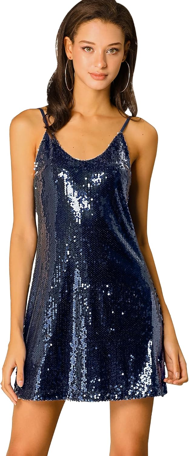 Allegra K Women's Glitter Sequin Dress Spaghetti Strap V Neck Party Cocktail Sparkly Mini Dress Clubwear