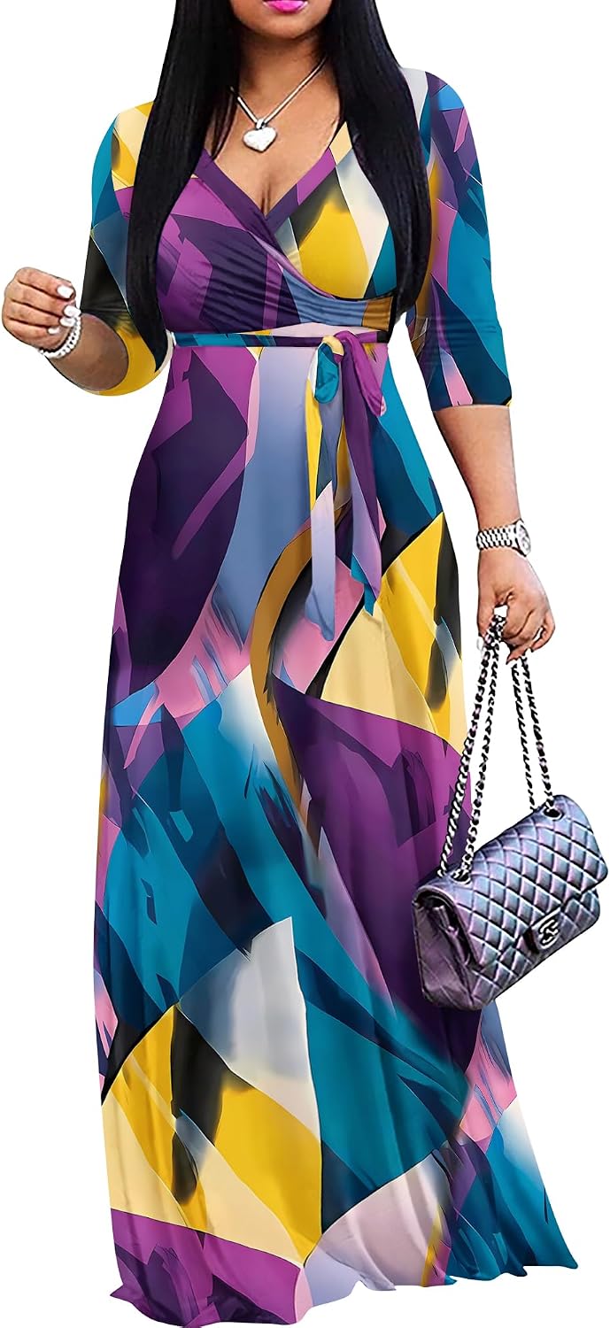 FANDEE Plus Size Maxi Dress for Women - Summer Long Dresses Casual | Women's Curvy Fit Long Dress, Semi\u2011Formal Print Fitted Wrap Dress with Pockets & Belt, 3\/4-Sleeve V-Neck