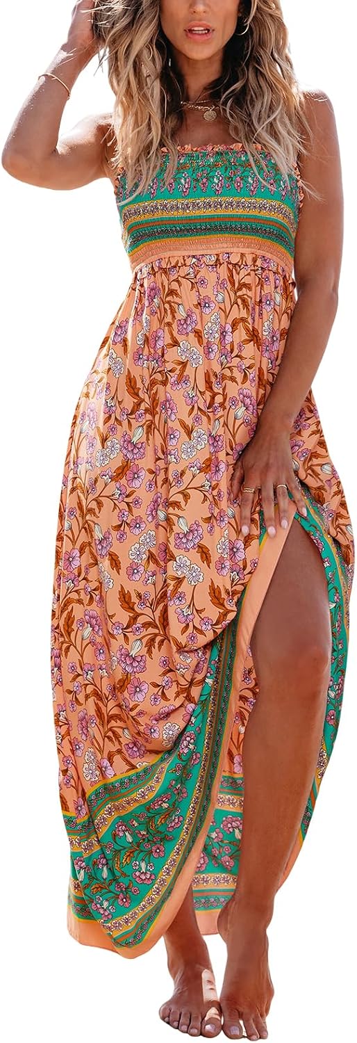 CUPSHE Women Maxi Summer Dress 2026 Floral Flowy Sundress | Spaghetti Straps Smocked Beachwear, Sleeveless, Empire Waist A Line Long Dresses, Boho Vacation Outfit, Fashion Clothes