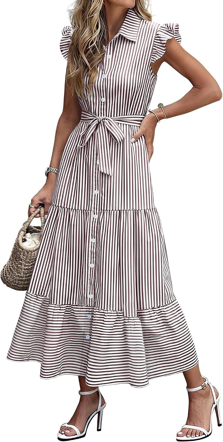 Caracilia Womens Summer Casual Ruffle Cap Sleeve Maxi Dress Button Down Striped Plaid Tie Waist Vacation Long Shirt Dresses