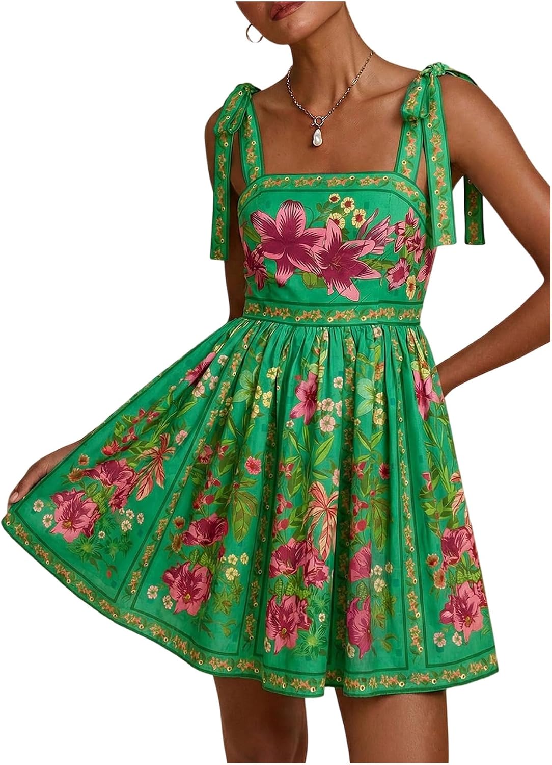 OYOANGLE Boho Dresses for Women Tropical Summer Dresses Mini Dress Sundress | Floral，Sleeveless，Tie Shoulder,Brunch Dress,Flowy Dress,Vacation Outfits，Hawaiian Dresses