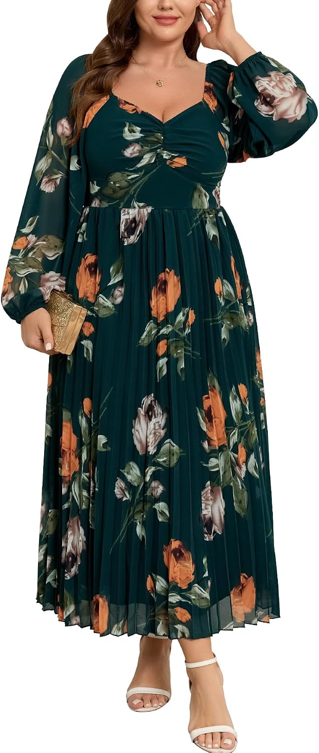 SHESTARR Women's Plus Size Maxi Dress for Wedding Guest Cocktail | Elegant, Long Sleeve, Sweetheart Neckline, Chiffon, Pleated, Smocked, A-Line, Evening Party, Formal Dresses