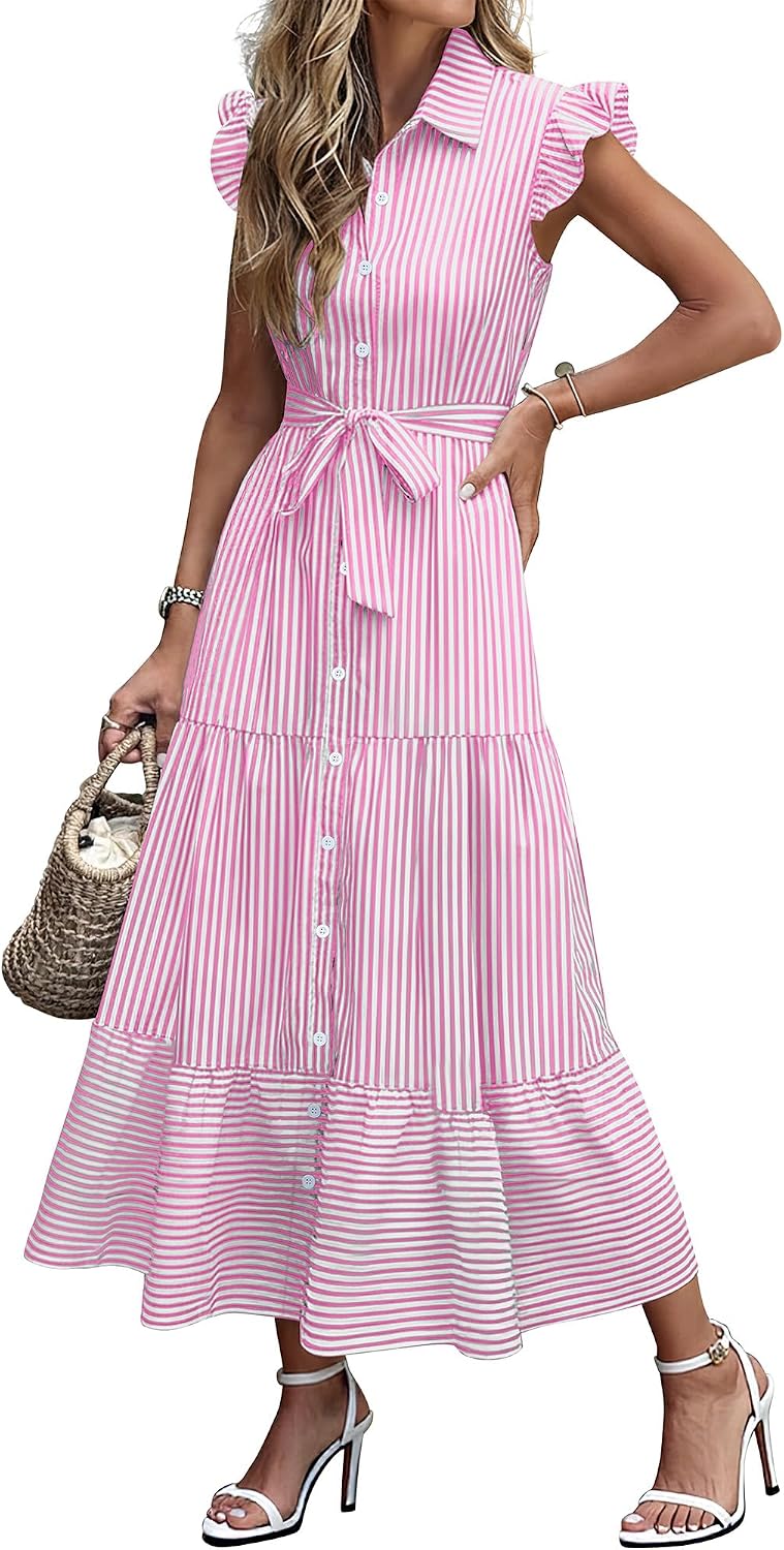 Caracilia Womens Summer Casual Ruffle Cap Sleeve Maxi Dress Button Down Striped Plaid Tie Waist Vacation Long Shirt Dresses