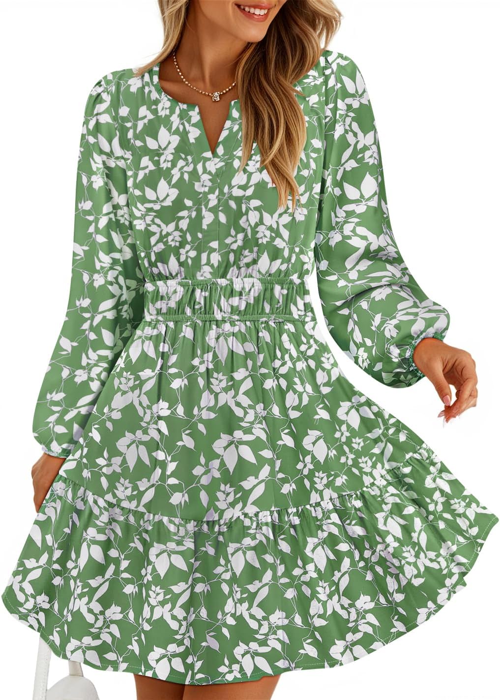 ZESICA Womens Fall Floral Long Sleeve Wedding Guest Mini Dresses | With Pockets, V Neck, A-Line, Ruched Waist, Double Lined, Flowy Short Dress, Going Out Outfits