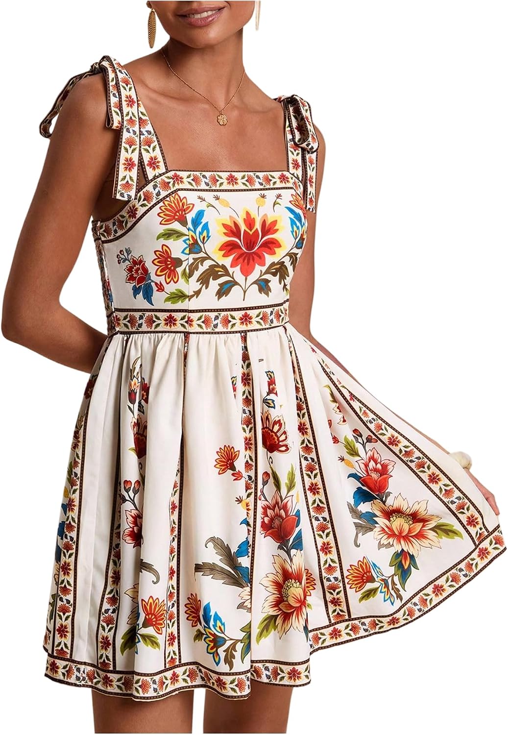 OYOANGLE Boho Dresses for Women Tropical Summer Dresses Mini Dress Sundress | Floral，Sleeveless，Tie Shoulder,Brunch Dress,Flowy Dress,Vacation Outfits，Hawaiian Dresses