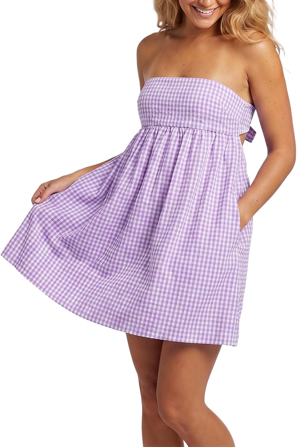 Women Strapless Gingham Tube Top Dress Summer Plaid Tie Back Mini Sundress | Backless Bandeau Dress, Ruffle Trim Flowy A-Line Short Dress, Gingham Babydooll Mini Dress with Pockets for Beach Vacation