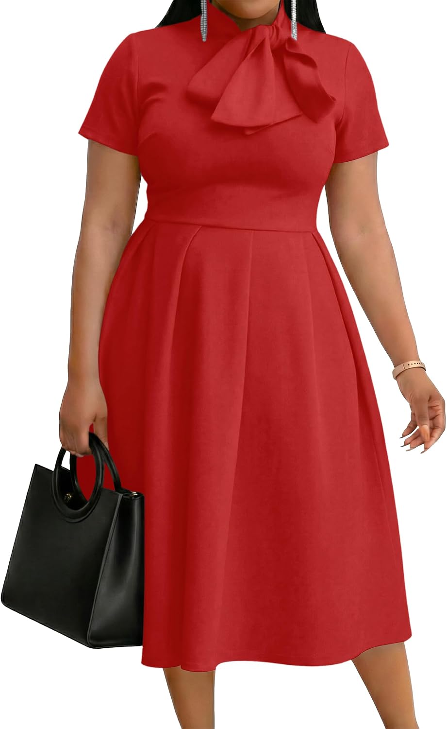 FANDEE Midi Dress for Women Casual Short Sleeve A-line Semi Formal Fit and Flare Dress Classy Tie Neck Work Business Dresses