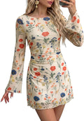 Dokotoo Women's Bell Long Sleeve Crewneck A Line Ruched Mesh Mini Dress | Polka Dot, Floral, Leopard Print, Slim Fit, Fall Dresses for Wedding Guest, Party Club Brunch Cocktail, Dinner Date Night