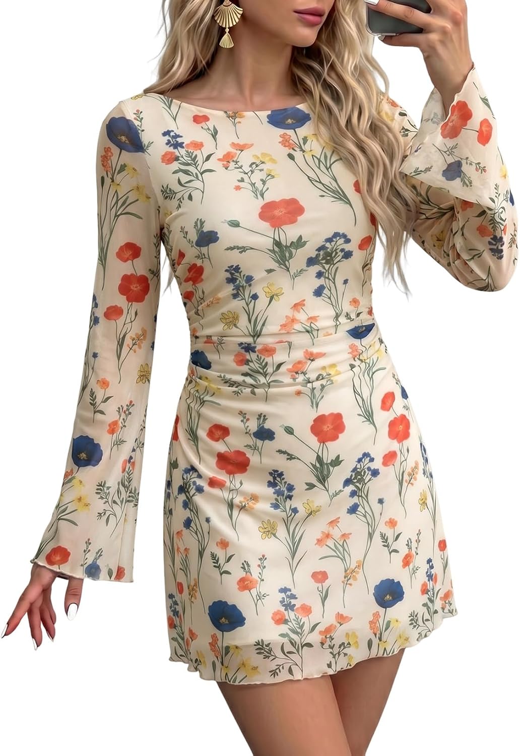 Dokotoo Women's Bell Long Sleeve Crewneck A Line Ruched Mesh Mini Dress | Polka Dot, Floral, Leopard Print, Slim Fit, Fall Dresses for Wedding Guest, Party Club Brunch Cocktail, Dinner Date Night