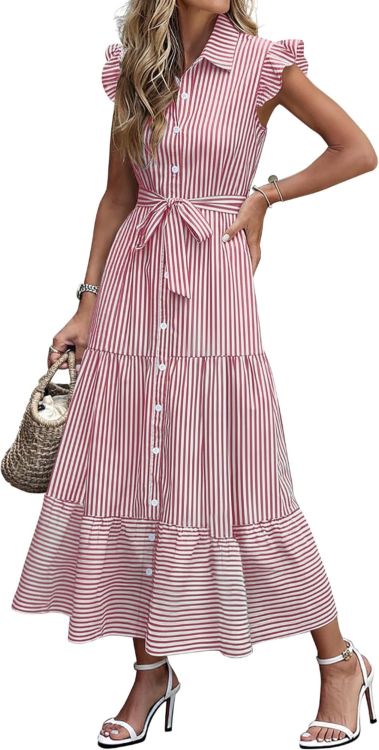Caracilia Womens Summer Casual Ruffle Cap Sleeve Maxi Dress Button Down Striped Plaid Tie Waist Vacation Long Shirt Dresses