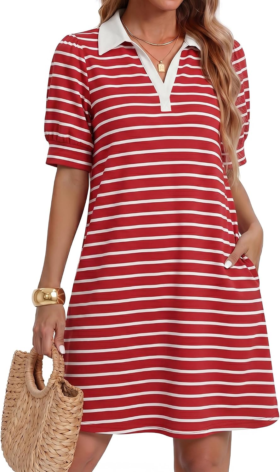 ZESICA Womens Summer Casual Striped T Shirt Mini Dress | Lapel V Neck, Short Sleeve, A-Line, Flowy Dress, Beach Vacation Dress