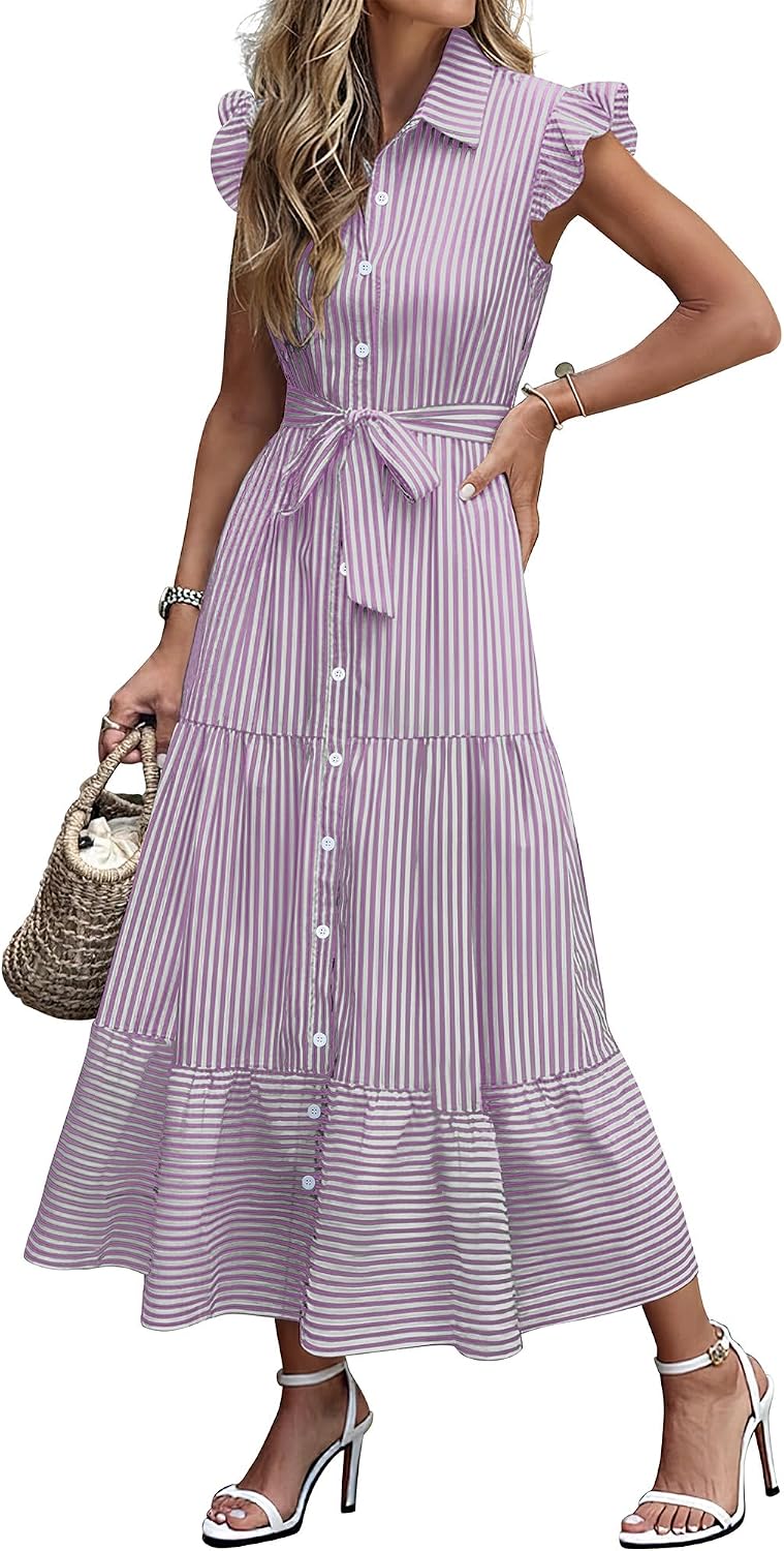 Caracilia Womens Summer Casual Ruffle Cap Sleeve Maxi Dress Button Down Striped Plaid Tie Waist Vacation Long Shirt Dresses
