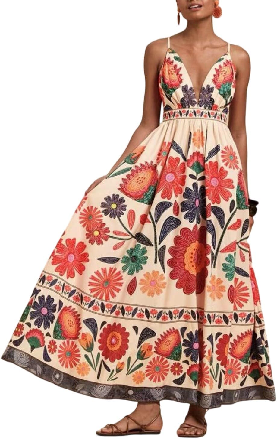 Weafmlia Women's Boho Print Dress Sleeveless Backless Halter High Waist A Line Vacation Beach Long Dress
