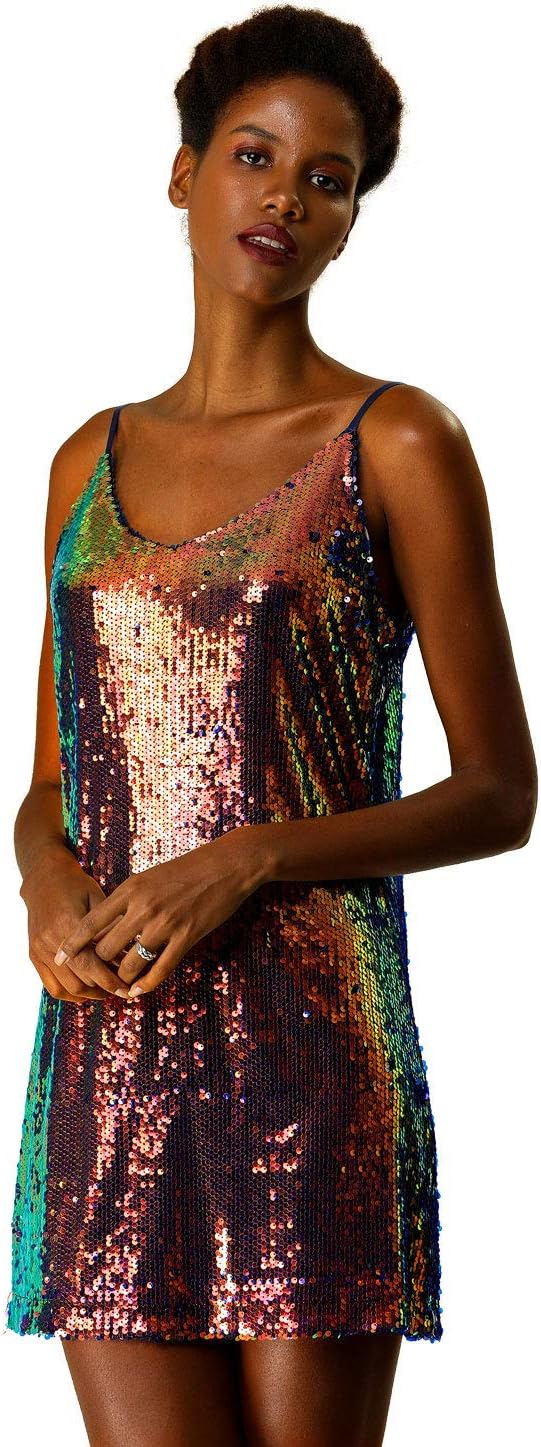 Allegra K Women's Glitter Sequin Dress Spaghetti Strap V Neck Party Cocktail Sparkly Mini Dress Clubwear