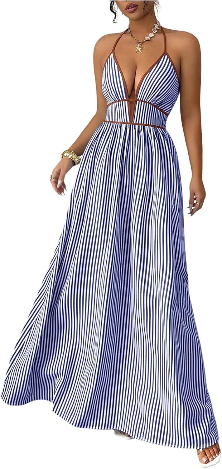 Floerns Women's Striped Halter Maxi Dress Backless Smocked Boho Dress | Striped, Halter Neck, Contrast Trim, Tropical Beach Vacation Outfits, Wedding Guest, Cute Maxi Dress