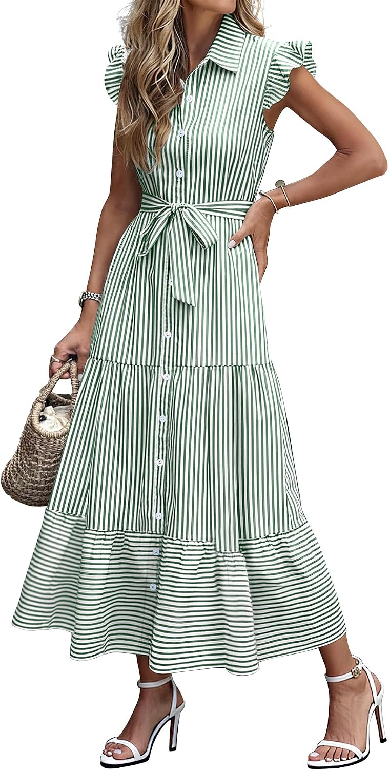 Caracilia Womens Summer Casual Ruffle Cap Sleeve Maxi Dress Button Down Striped Plaid Tie Waist Vacation Long Shirt Dresses