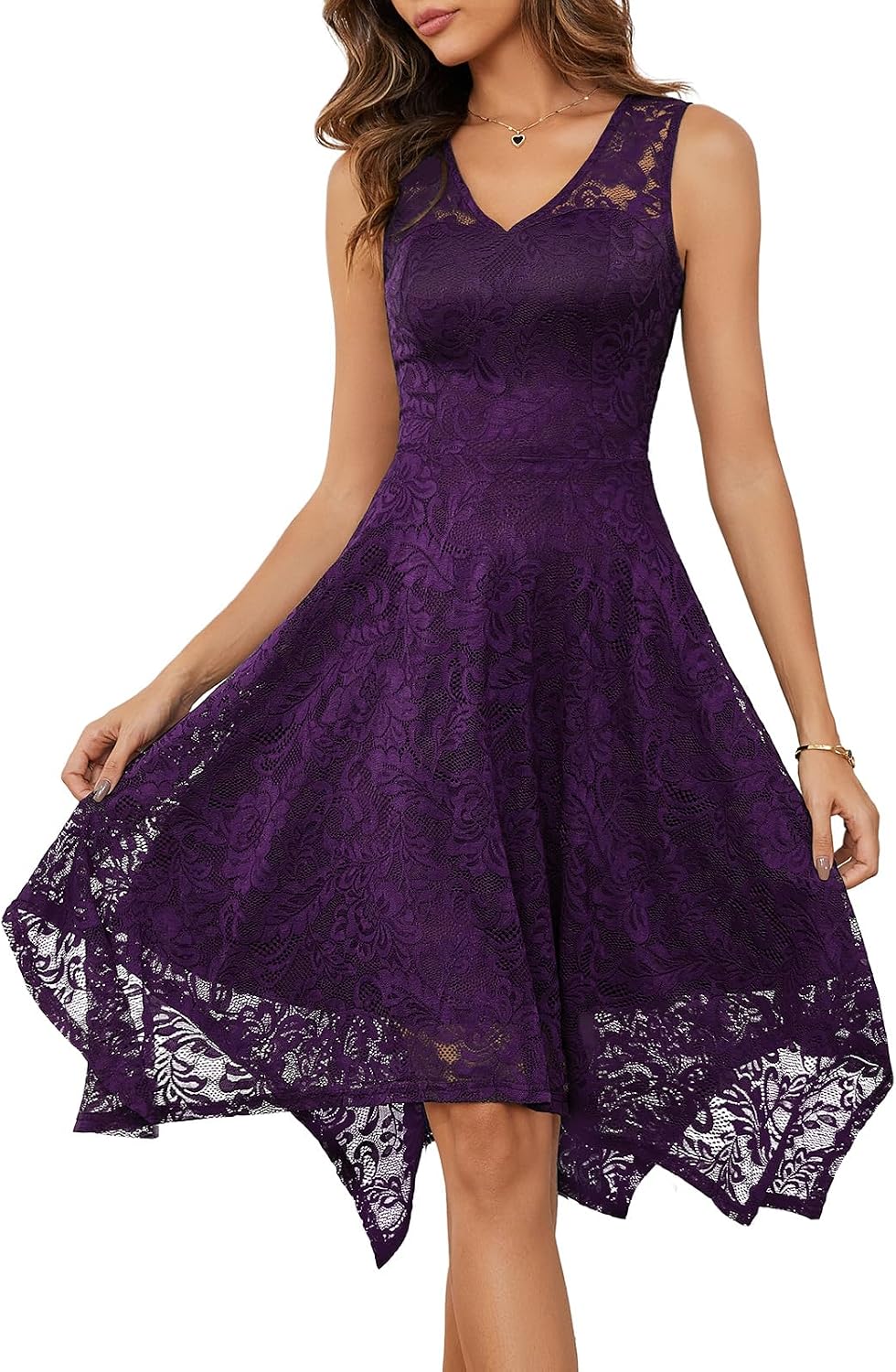 Meetjen Women's Lace Cocktail Party Dresses 2026 Formal Wedding Guest | Handkerchief Hem, V-Neck, Sleeveless, Midi, Fancy, Bridesmaid, Modest, Homecoming Dress