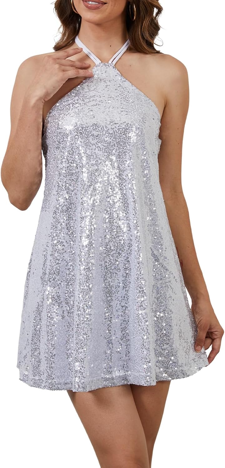 hibshaby Women's Sequin Dress Halter Backless Party Cocktail Mini Dress | Soft lined sparkly fabric with tie straps for club nights, birthdays, concerts, and holiday looks
