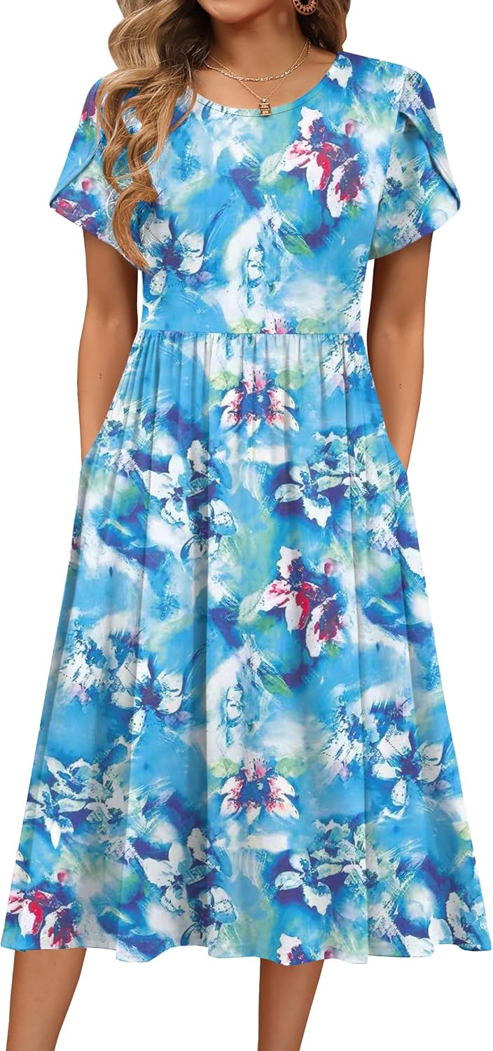HOTOUCH Women's Summer A-Line Midi Dresses 2026 Casual Floral Short Sleeve T-Shirt Dress Flowy Beach Sundress with Pockets