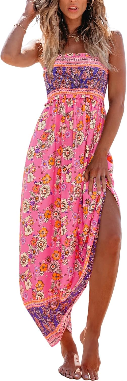 CUPSHE Women Maxi Summer Dress 2026 Floral Flowy Sundress | Spaghetti Straps Smocked Beachwear, Sleeveless, Empire Waist A Line Long Dresses, Boho Vacation Outfit, Fashion Clothes