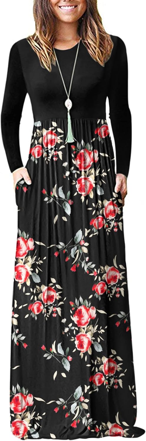 AUSELILY Womens Long Sleeve Maxi Dress Casual Empire Waist with Pockets | Versatile year round long dress for spring, fall, winter, available in floral prints and solids