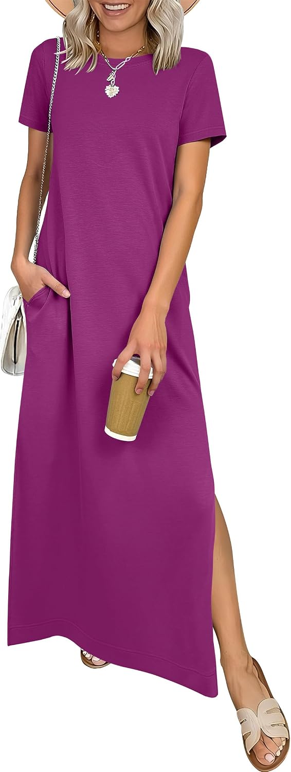 ANRABESS Womens Summer Maxi Dresses Wrinkle Free with Pockets | Air Layer Fabric, Short Sleeve Casual Travel Beach Vacation Long Dress, Crewneck Split, Comfort Work All-Day Wear Sundress