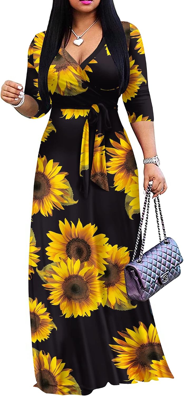 FANDEE Plus Size Maxi Dress for Women - Summer Long Dresses Casual | Women's Curvy Fit Long Dress, Semi\u2011Formal Print Fitted Wrap Dress with Pockets & Belt, 3\/4-Sleeve V-Neck