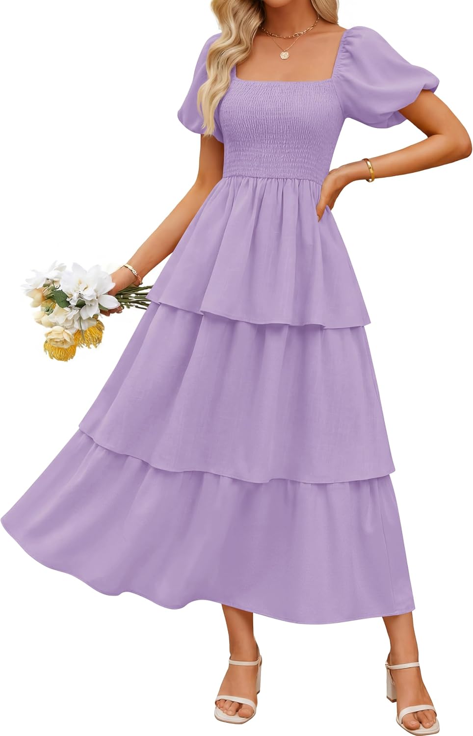 ZESICA Womens Summer Short Puff Sleeve Flowy Tiered Midi Dress | Square Neck, Backless, Swing A Line, High Waist, 2026 Boho Trendy, Dressy Casual Beach Vacation, Wedding Guest Cocktail Party